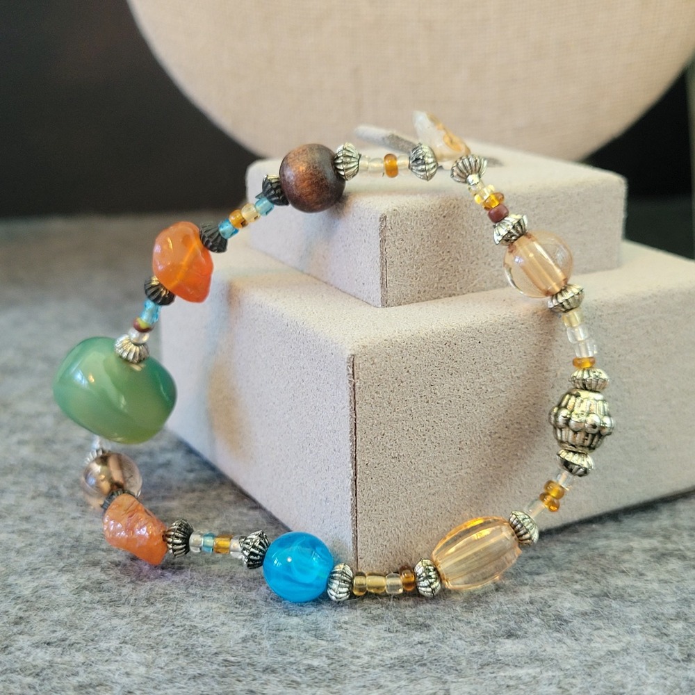 Boho Stretch Bracelet Mixed Gemstone Glass Wood Silver Tone Beads